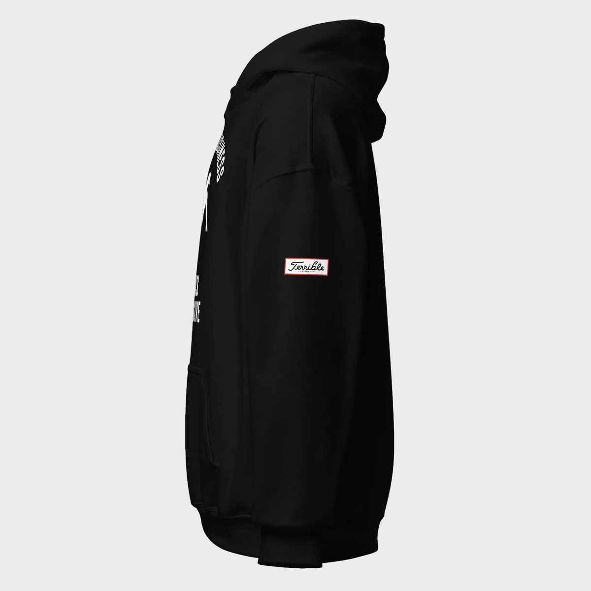 A black pullover hoodie shown in a side profile view against a solid white background. The hoodie features a small rectangular 'Smoktix' brand patch on the upper left sleeve and white graphic text printed vertically on the right side.